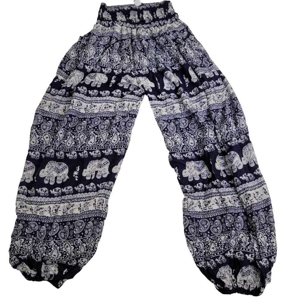 India Boutique Navy Blue Elephant Paisley Rayon Harem Boho Pants One Size Fits S